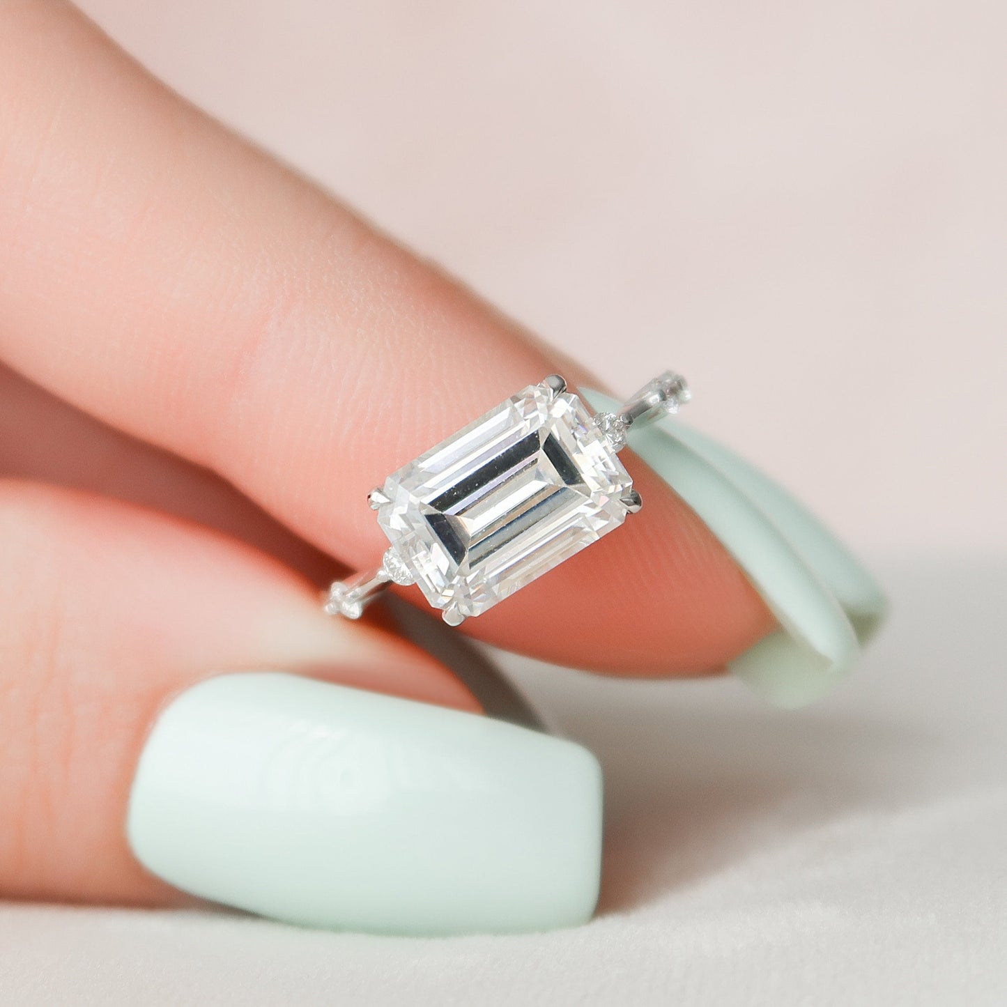 3.0 CT Emerald Cut Solitaire & Dainty Pave Moissanite Engagement Ring 1