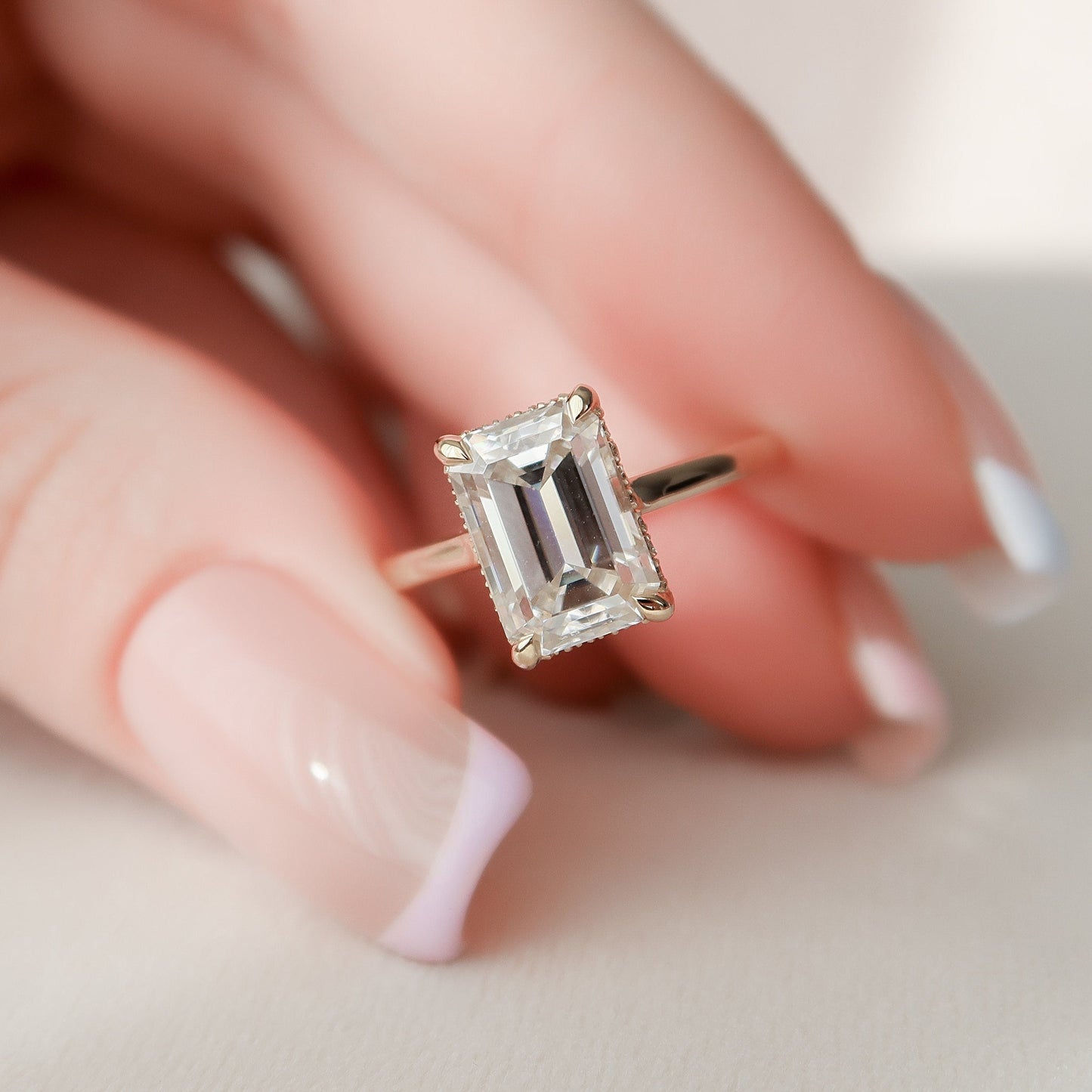 3.0 CT Emerald Cut Solitaire & Hidden Halo Moissanite Engagement Ring 1