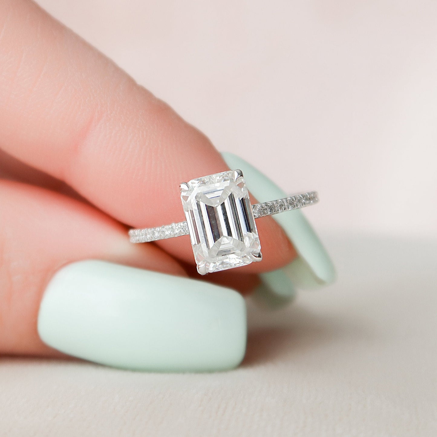 3.0 CT Emerald Cut Hidden Halo & Pave Moissanite Engagement Ring 1