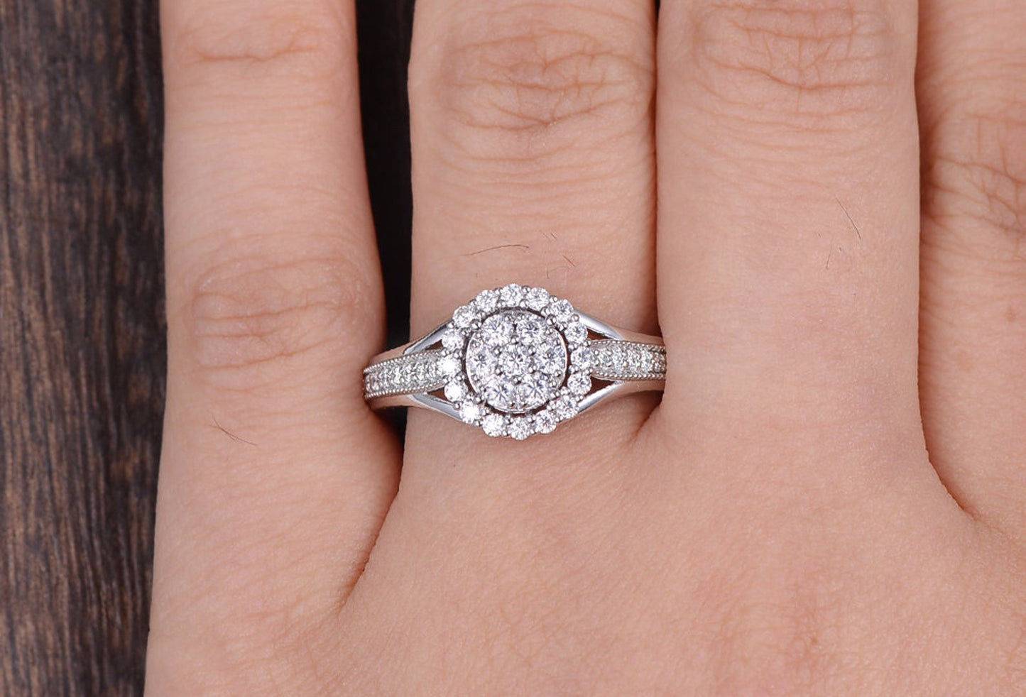 1.0 CT Round Cut Halo Pave Moissanite Engagement Ring 2