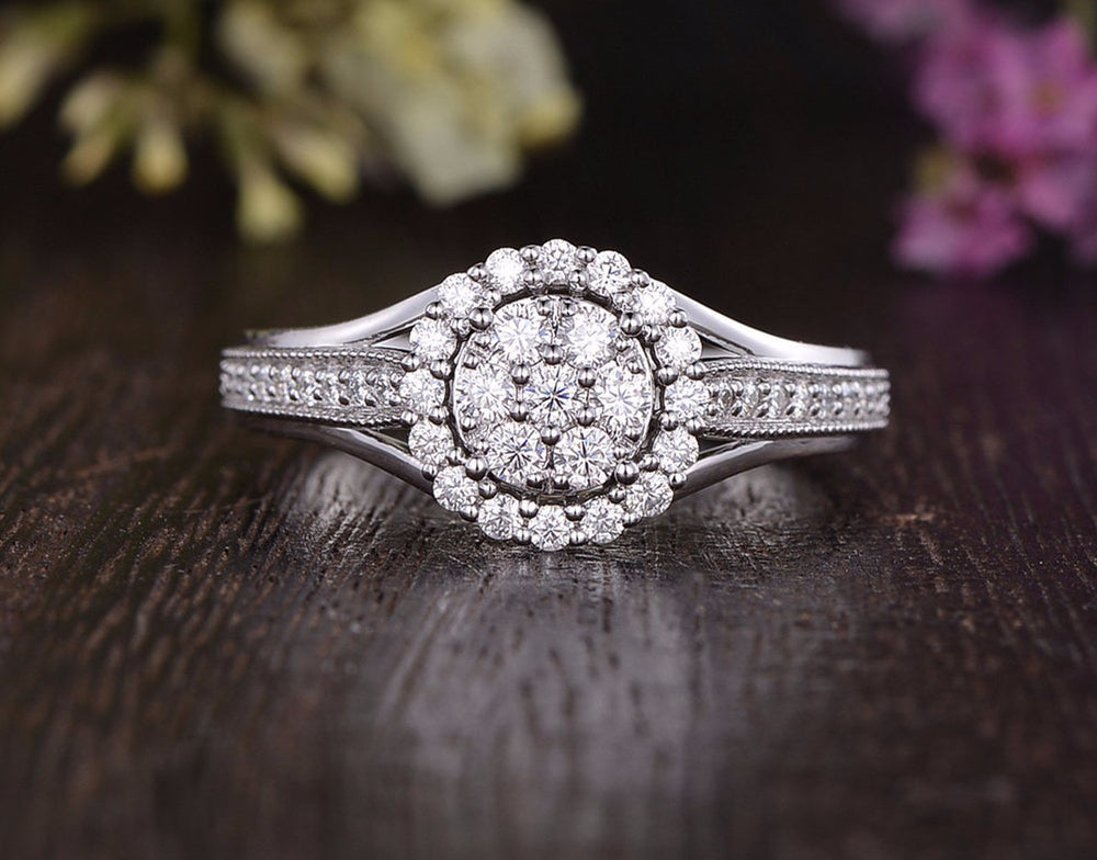 1.0 CT Round Cut Halo Pave Moissanite Engagement Ring 1