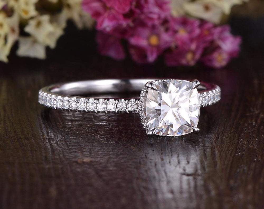 0.75 CT Cushion Hidden Halo Pave Moissanite Engagement Ring 2