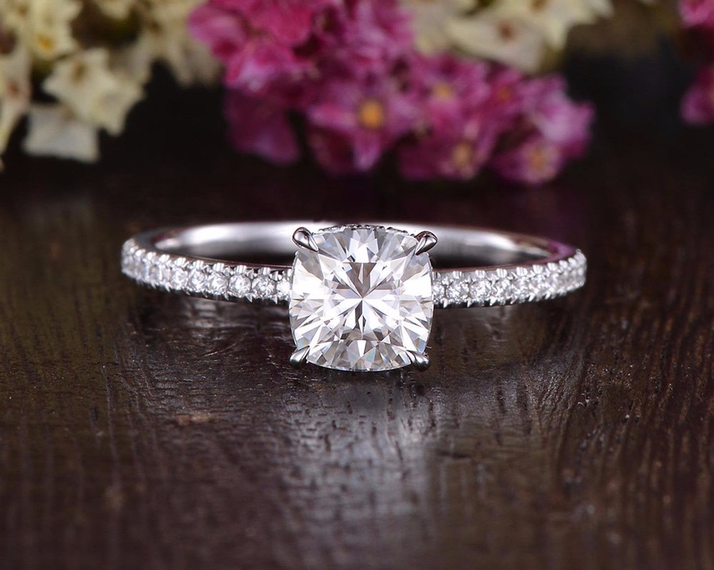 0.75 CT Cushion Hidden Halo Pave Moissanite Engagement Ring 1
