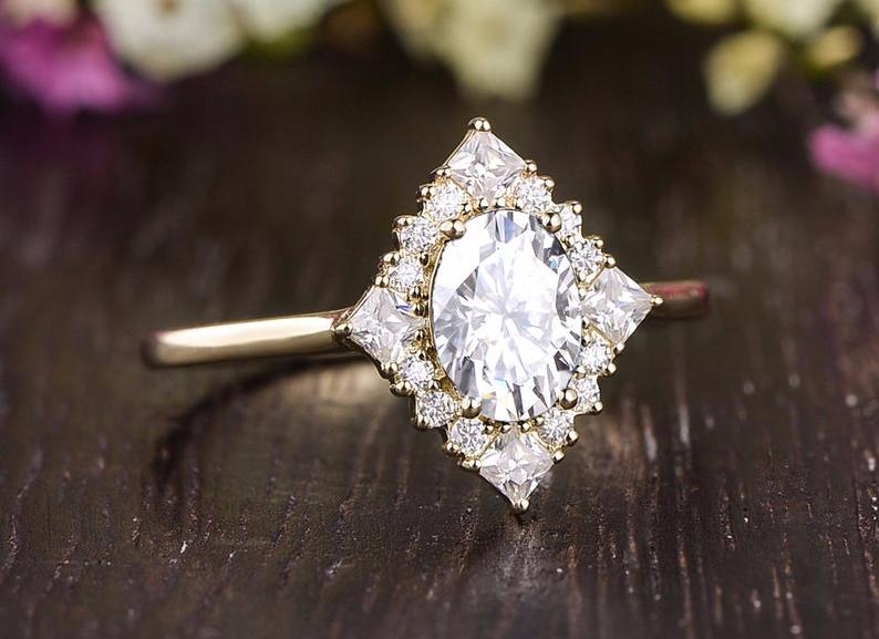 0.75 CT Oval Cluster Halo Moissanite Engagement Ring 2