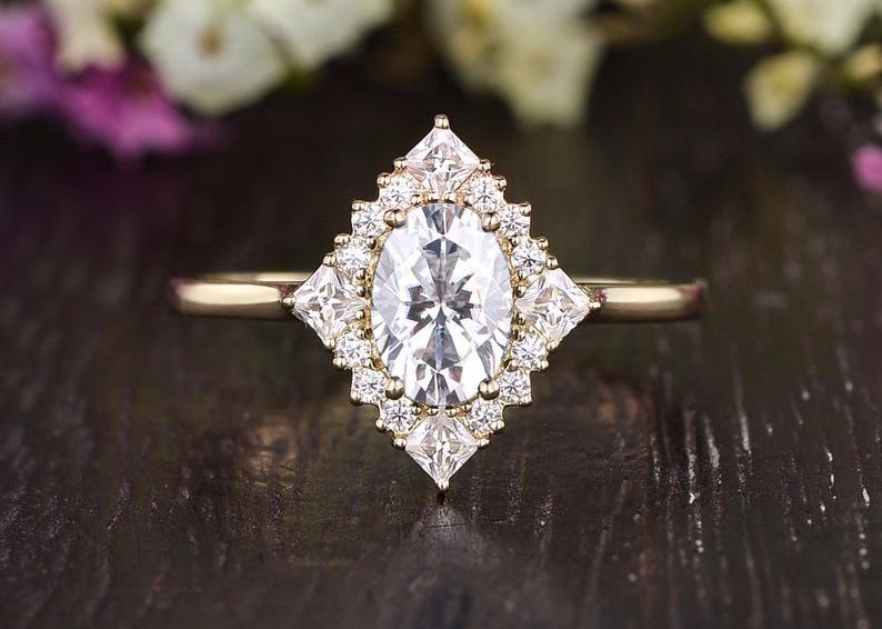 0.75 CT Oval Cluster Halo Moissanite Engagement Ring 1